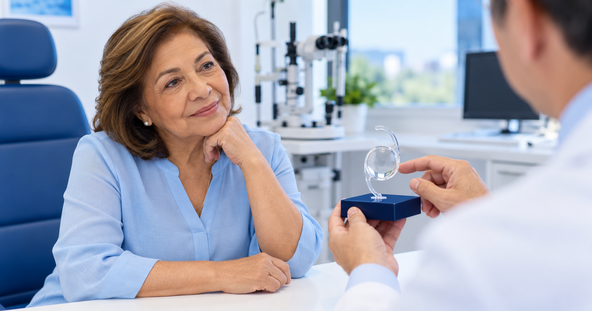 Paciente adulta conversa sobre opciones de lentes intraoculares durante una consulta oftalmológica.
