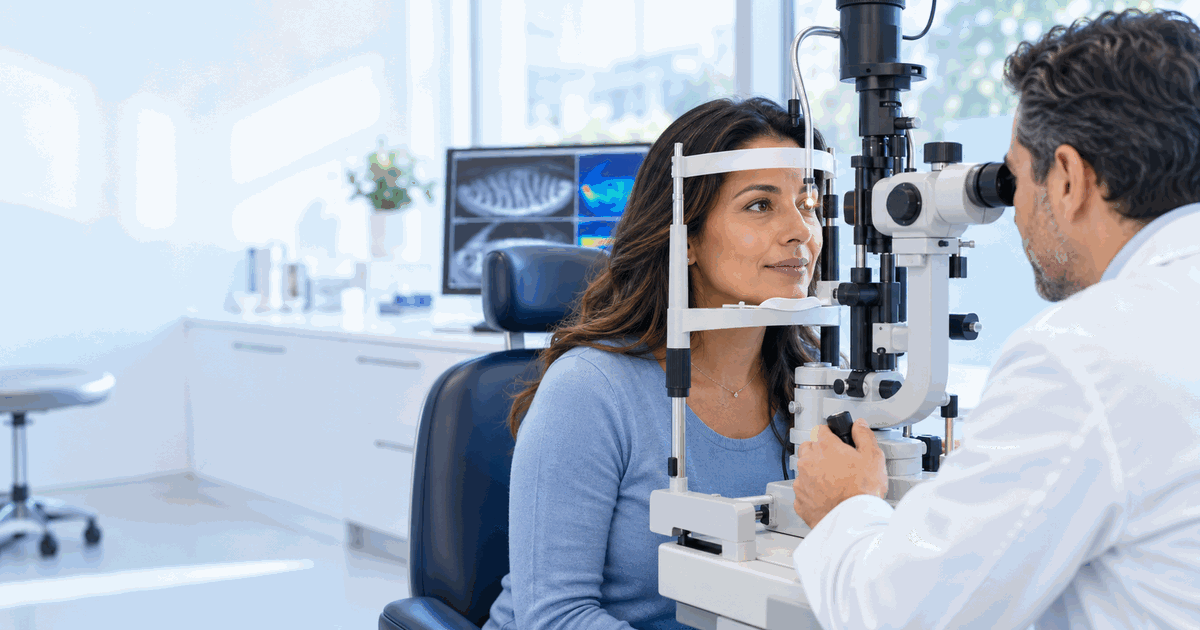 Paciente adulta durante una evaluación de la superficie ocular con lámpara de hendidura.