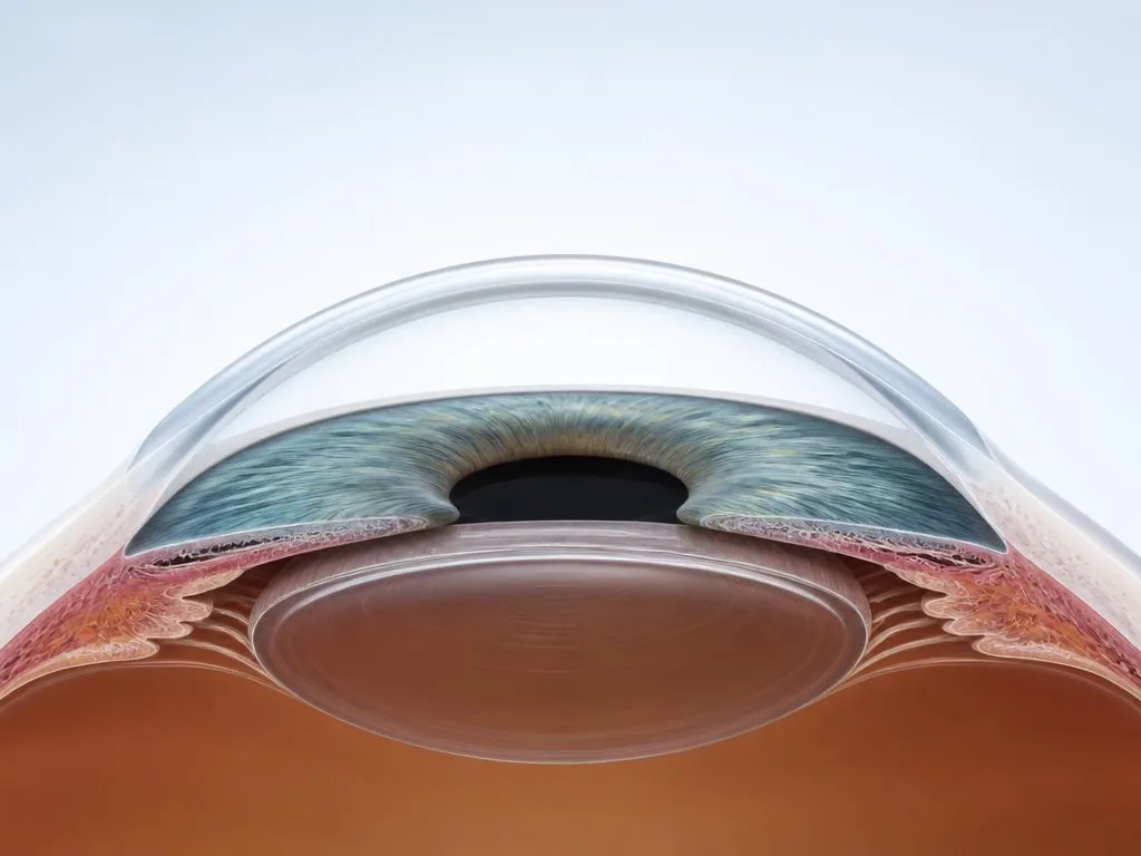 Ilustración médica 3D en perfil de una córnea transparente con curvatura regular.