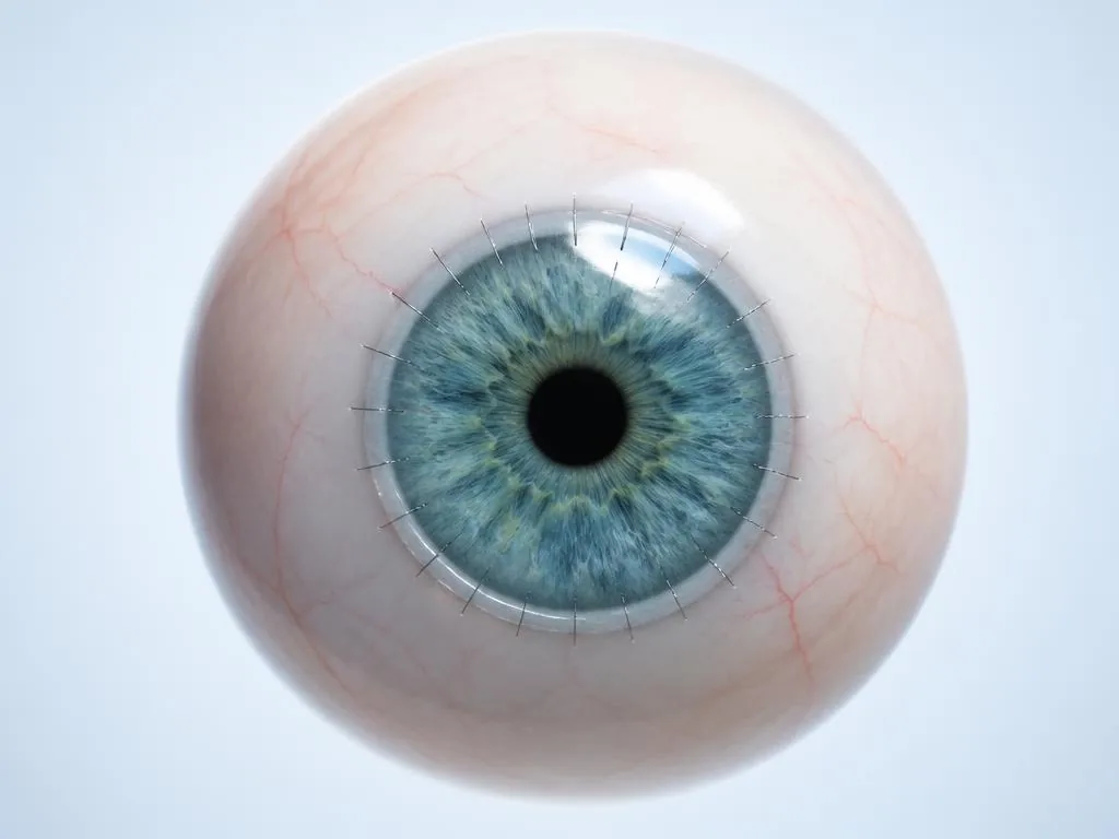 Ilustración médica 3D frontal de un injerto corneal central con suturas finas alrededor de su borde.