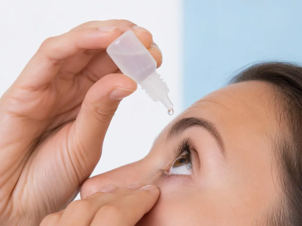 Aplicación correcta de una gota en el bolsillo del párpado inferior, con la punta del frasco separada del ojo, la piel y las pestañas.