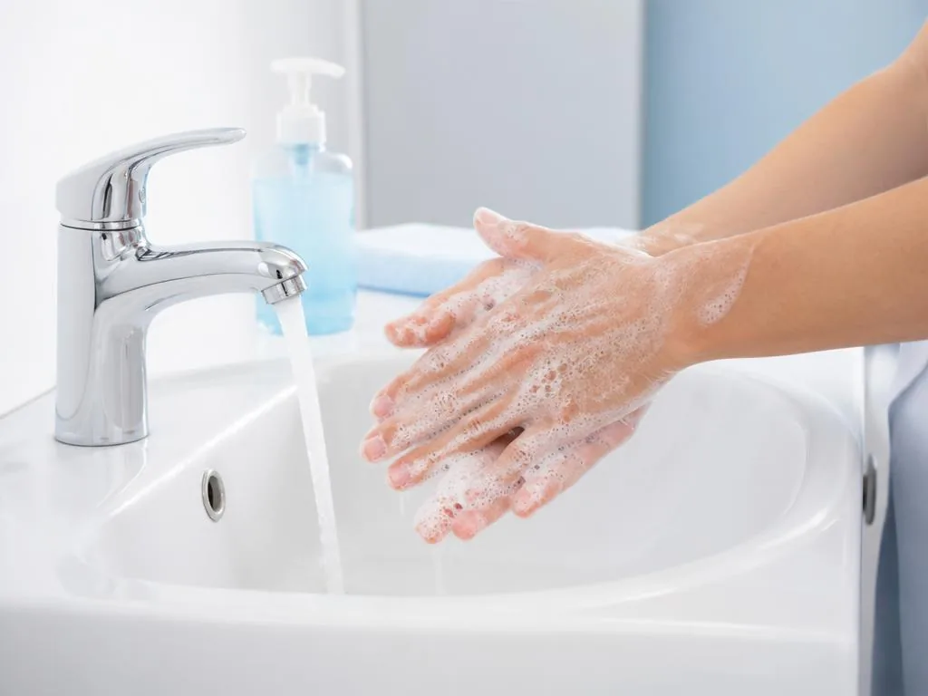 Manos limpias lavándose con agua y jabón antes de aplicar gotas oculares.