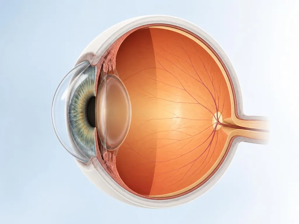 Ilustración médica 3D del ojo en corte con córnea, cristalino, retina y nervio óptico visibles.