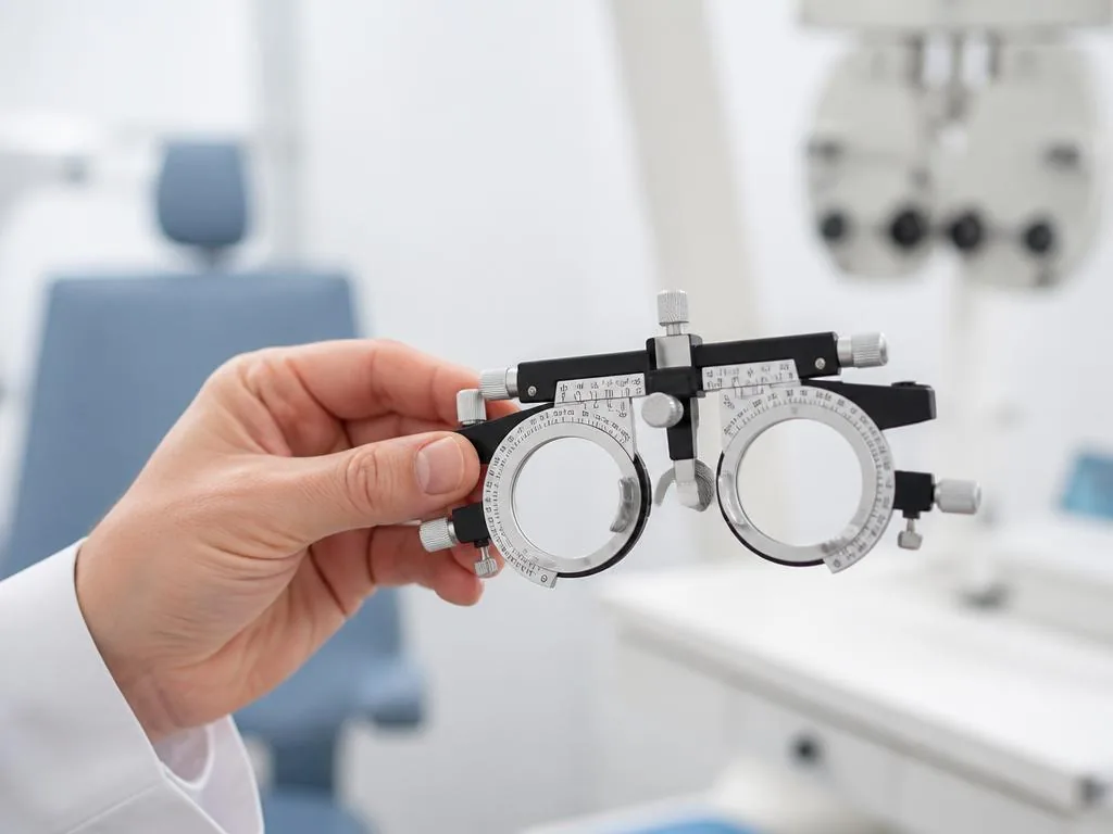Mano sosteniendo lentes de prueba para representar la evaluación de la graduación visual.