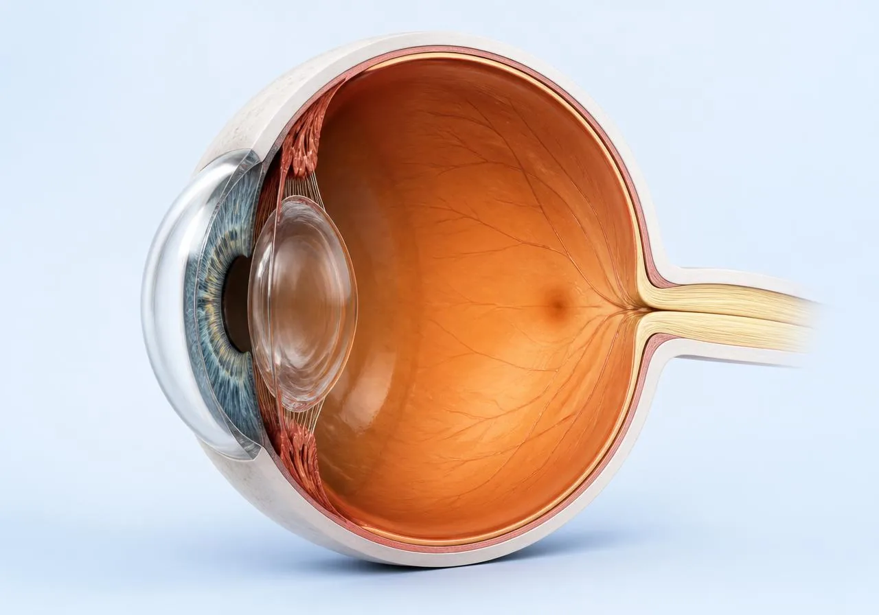 Ilustración médica 3D del ojo en corte: córnea transparente al frente, cristalino detrás del iris y retina en el interior posterior.