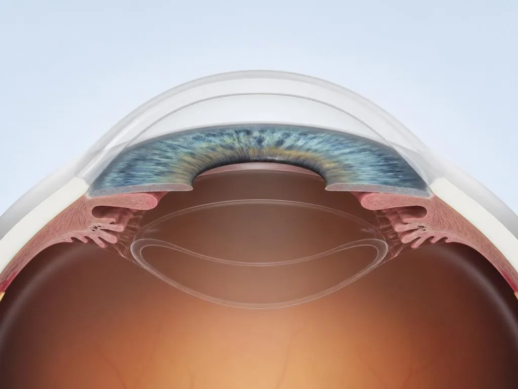 Corte médico 3D de la cápsula transparente conservada después de retirar el contenido opaco del cristalino.