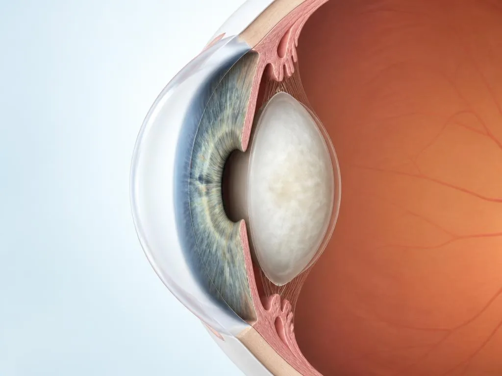 Corte médico 3D del cristalino natural opaco dentro de su cápsula, detrás del iris.