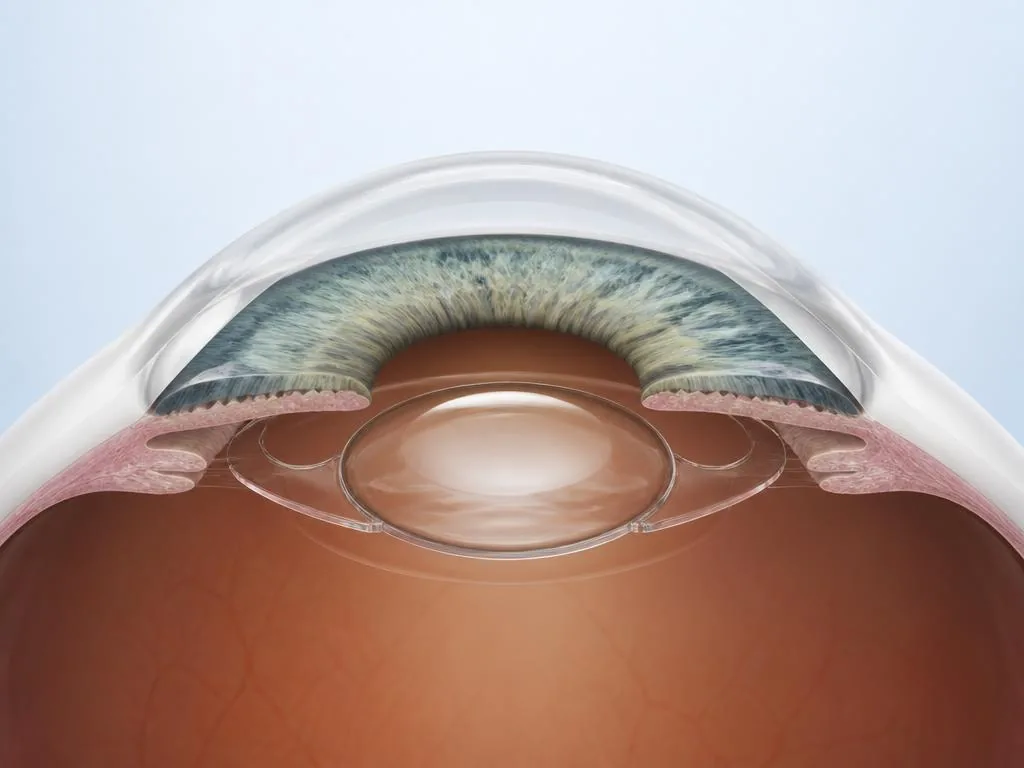 Corte médico 3D de una lente intraocular colocada dentro del saco capsular detrás del iris.