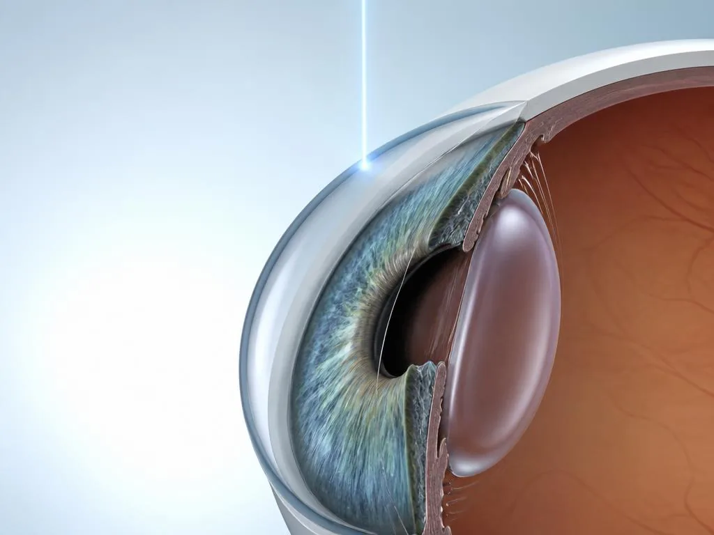 Corte médico 3D de un láser actuando sobre la córnea; el iris y el cristalino natural permanecen en su lugar.