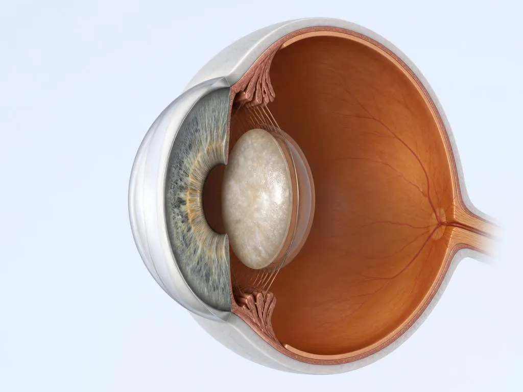 Corte médico 3D de una córnea transparente y un cristalino opaco por catarata detrás del iris.