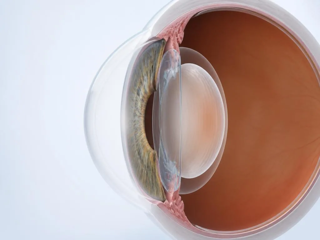 Corte médico 3D de una lente fáquica colocada entre el iris y el cristalino natural conservado.
