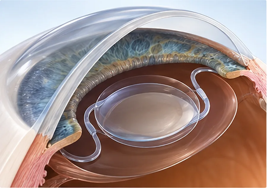Ilustración conceptual del interior del ojo con un lente intraocular que sustituye al cristalino.