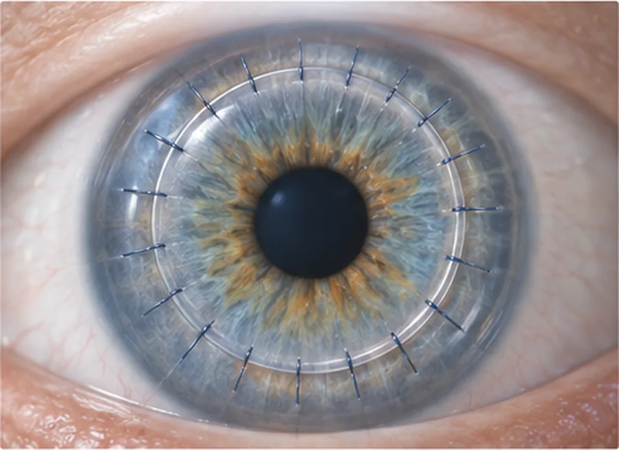 Ilustración conceptual de un injerto corneal con suturas finas, como ejemplo de una técnica de trasplante.