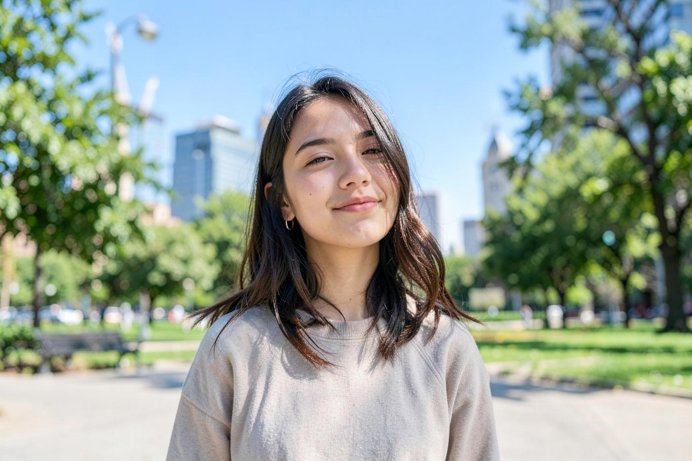 Mujer joven al aire libre en un parque, en un día despejado.
