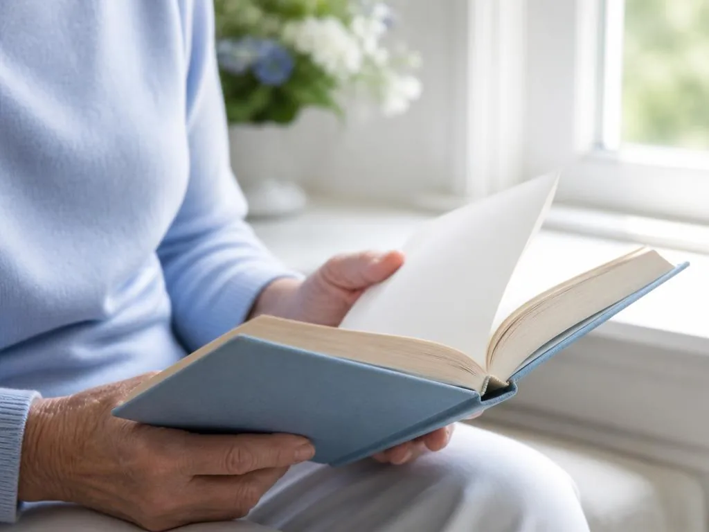 Manos de una persona adulta leyendo un libro a distancia cercana con luz natural.